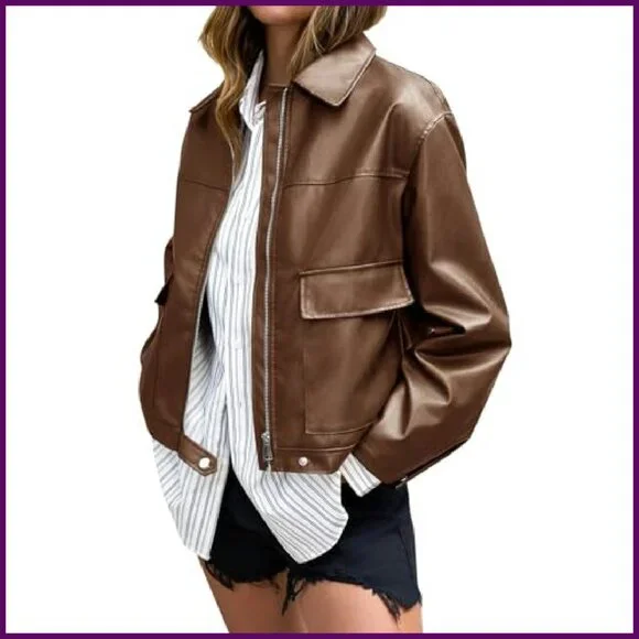 Faux Leather Bomber Jacket Cropped Lapel Moto Coat Zip Up Pockets